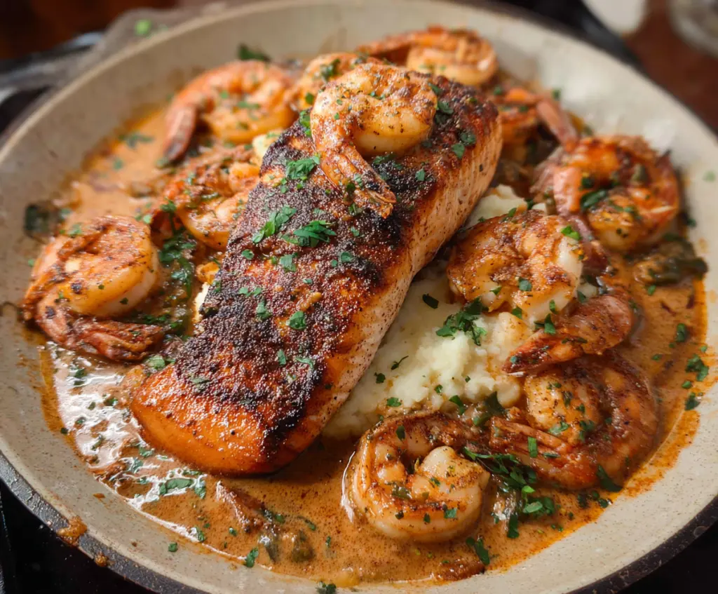 Delicious Cajun salmon and shrimp dish garnished with herbs on a serving plate.