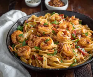 Delicious Cajun Shrimp Pasta with spicy seasoning and creamy sauce on a white plate.