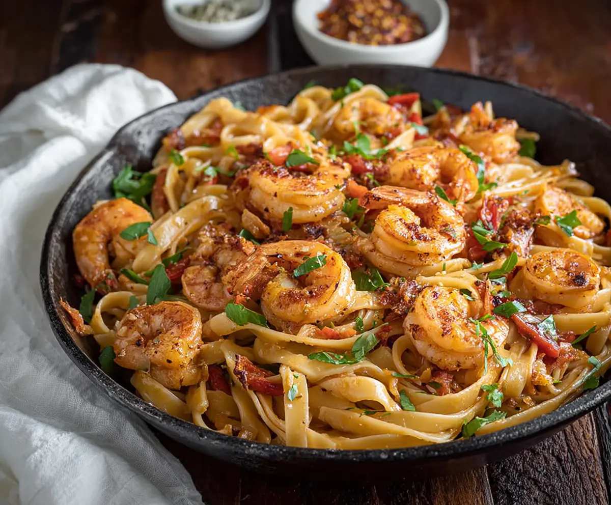 Delicious Cajun Shrimp Pasta with spicy seasoning and creamy sauce on a white plate.