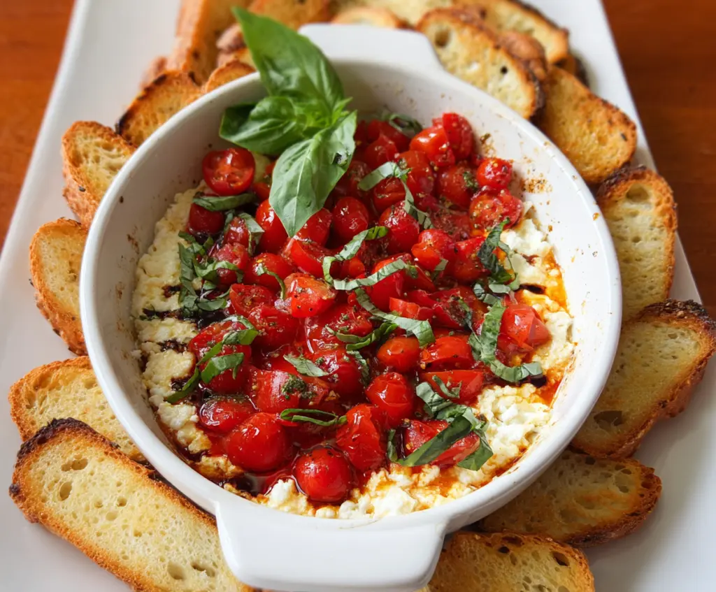 Creamy Caprese Dip with fresh mozzarella, cherry tomatoes, and basil on a white plate.