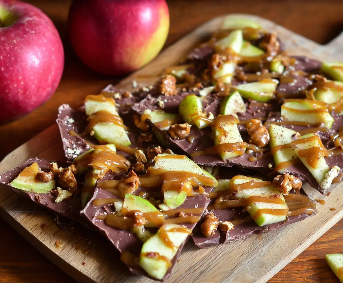 Delicious caramel apple bark topped with crunchy nuts and glossy caramel drizzle