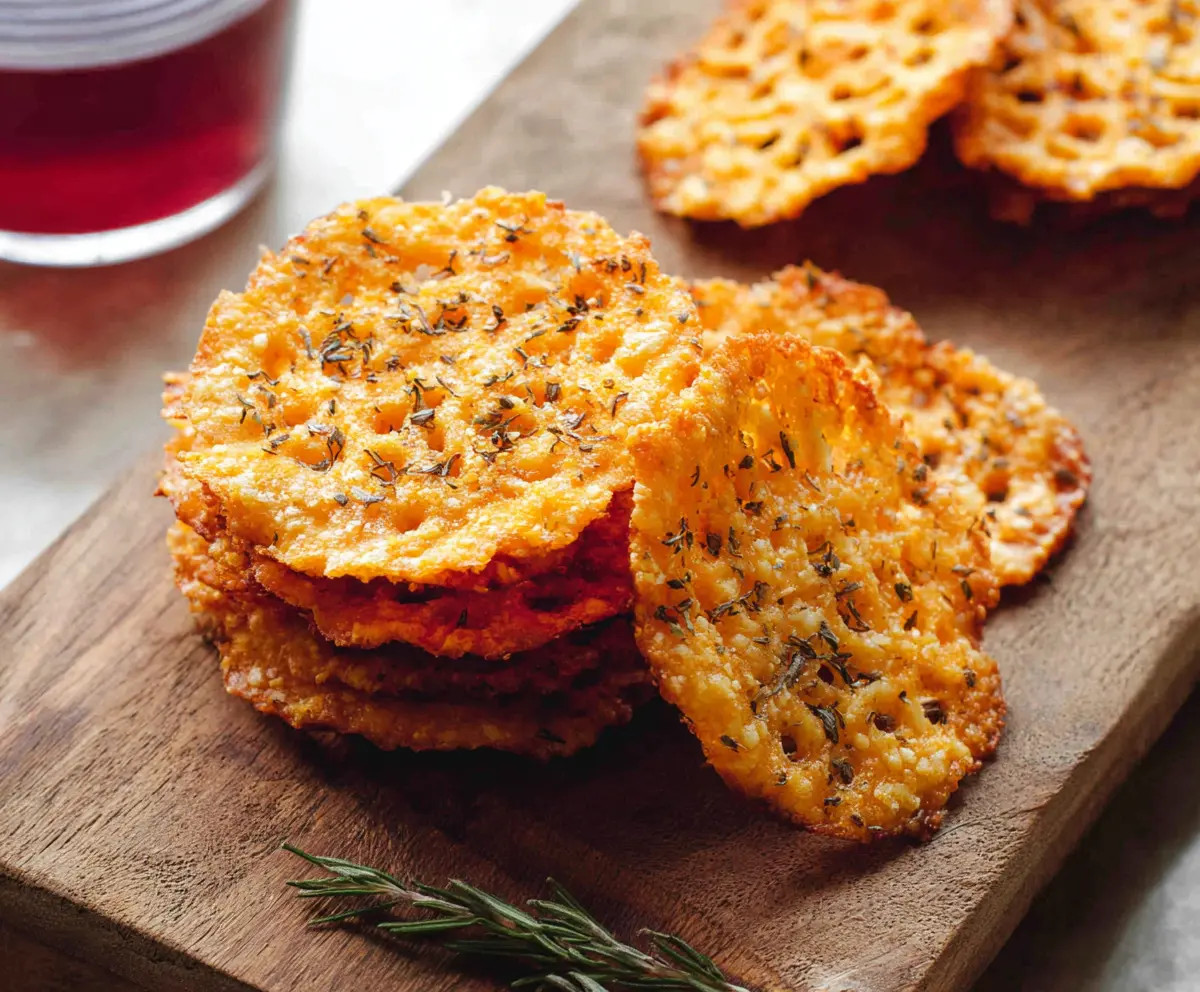 Crunchy cheddar cheese crisps on a white plate, perfect for a savory snack.