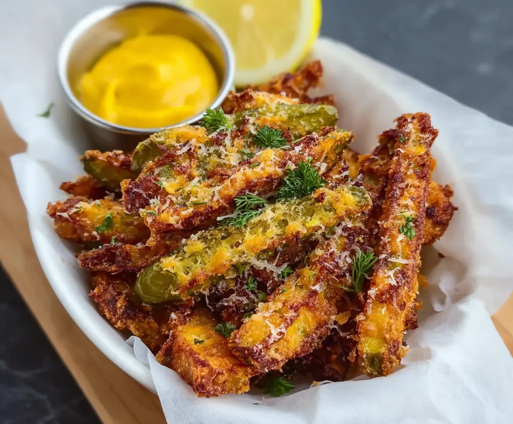 Golden Cheddar Pickle Fries served with sizzling condiments, perfect for snack lovers.
