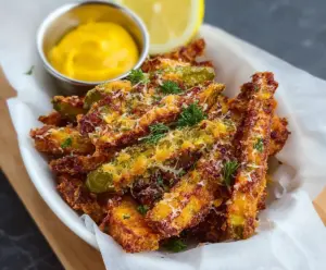 Golden Cheddar Pickle Fries served with sizzling condiments, perfect for snack lovers.