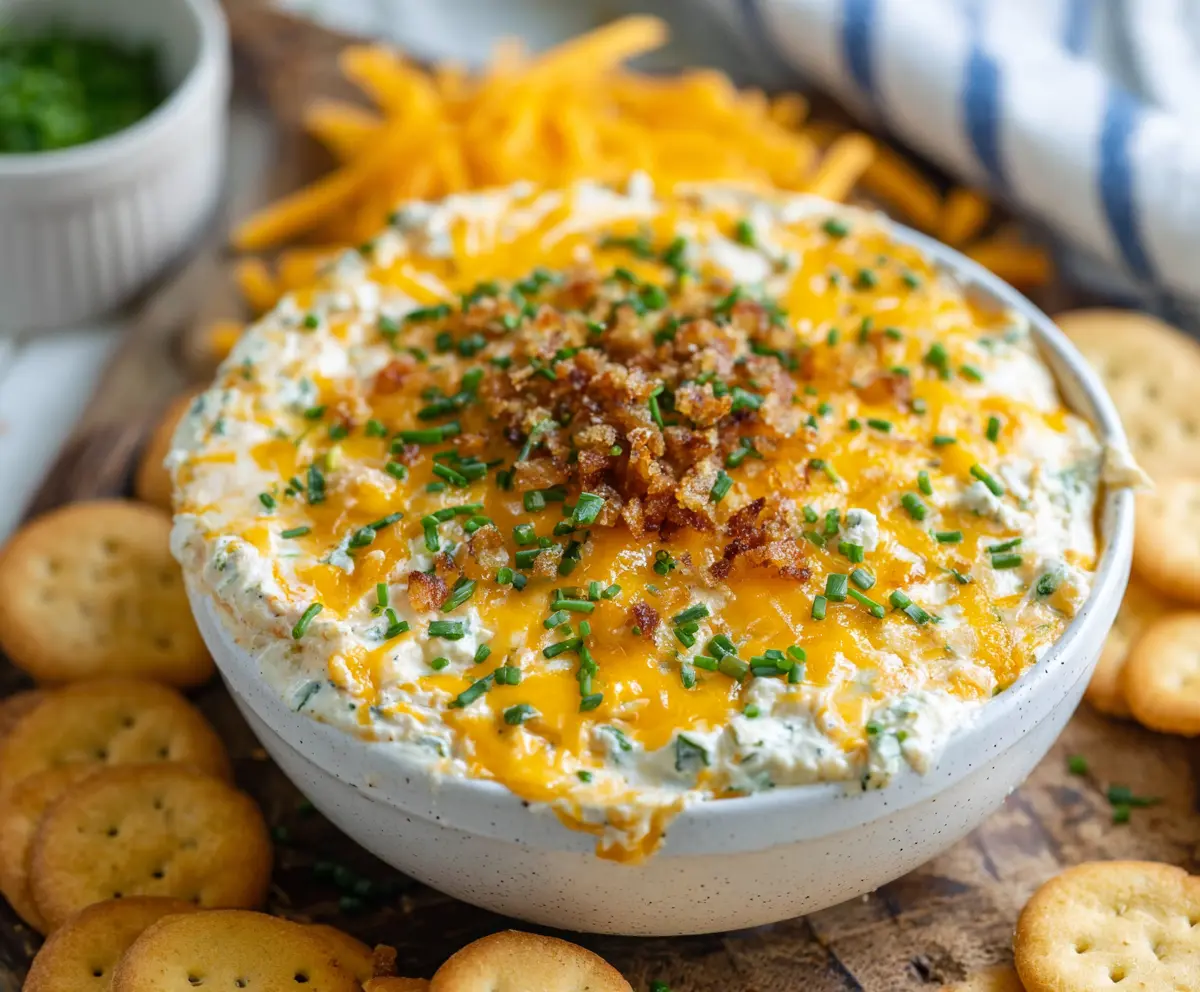 Creamy Cheddar Ranch Crack Dip served with fresh vegetables for snack or party appetizer