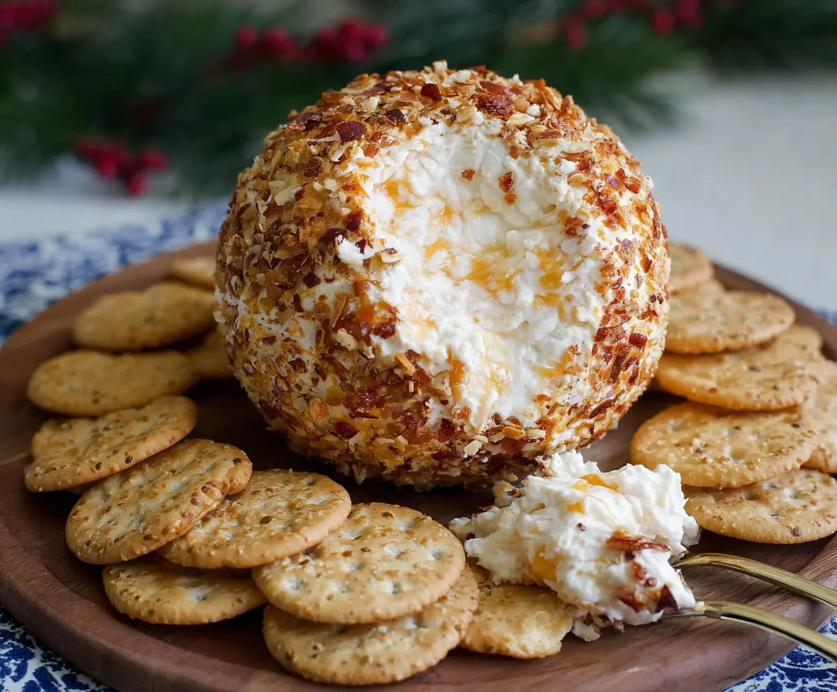 Delicious homemade cheese ball coated with herbs and nuts, perfect for parties