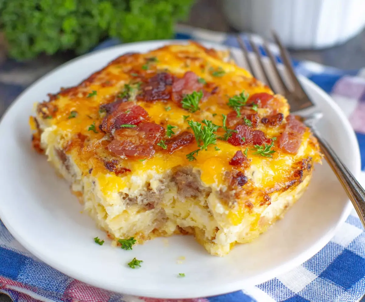 Delicious Cheesy Amish Breakfast Casserole with eggs, cheese, and savory ingredients in a baking dish