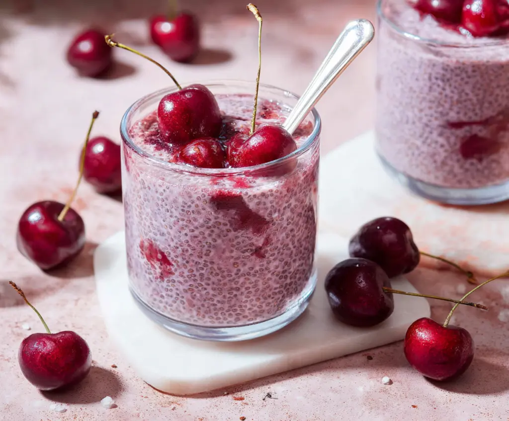 Delicious cherry chia pudding in a glass with fresh cherries and chia seeds on top, perfect for a healthy breakfast or snack.