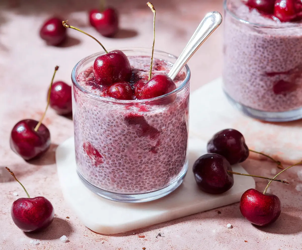 Delicious cherry chia pudding in a glass with fresh cherries and chia seeds on top, perfect for a healthy breakfast or snack.