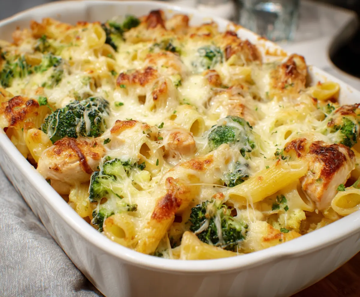 Baked chicken and broccoli pasta casserole with melted cheese on top.