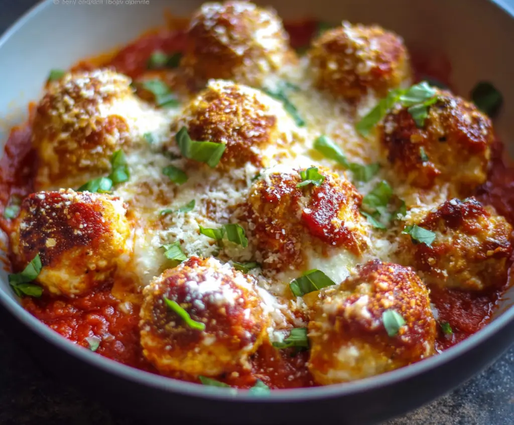 Delicious Chicken Parmesan Meatballs with melted cheese and marinara sauce on a white plate.
