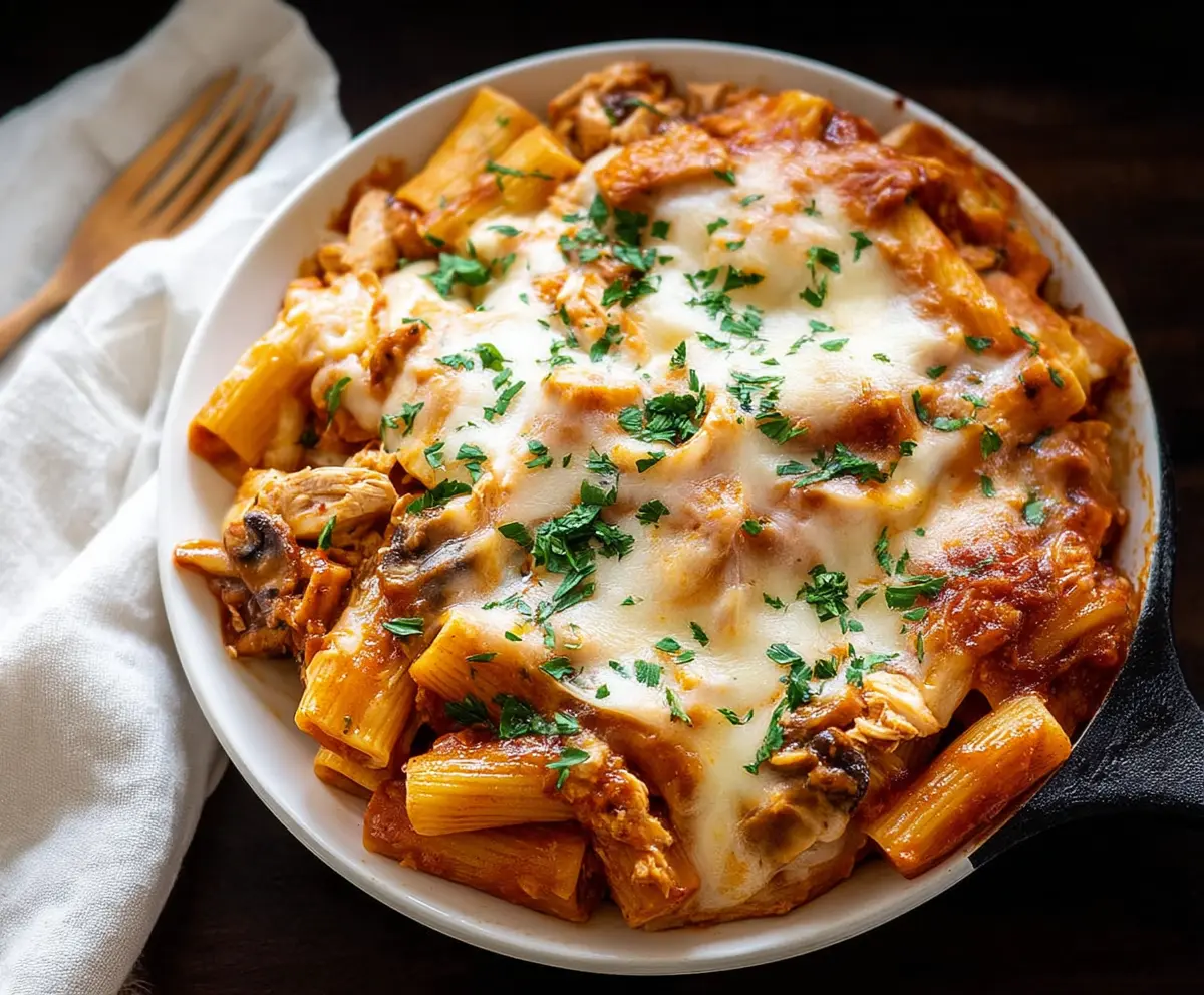 Delicious baked chicken rigatoni pasta dish with melted cheese and flavorful sauce