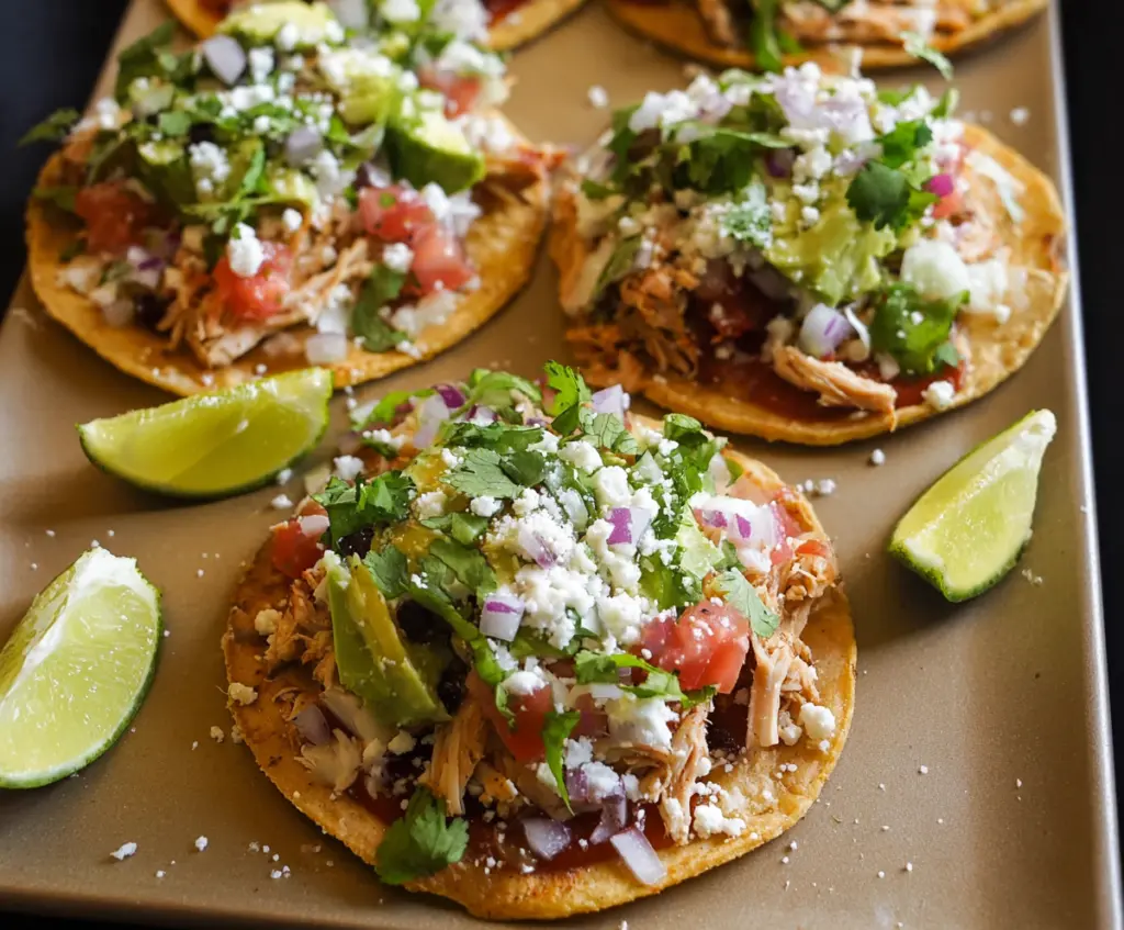 Delicious Chicken Tostadas with crispy tortillas, flavorful shredded chicken, fresh toppings, and vibrant garnishes.