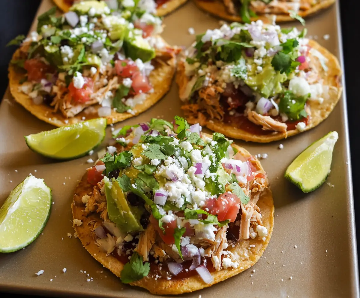 Delicious Chicken Tostadas with crispy tortillas, flavorful shredded chicken, fresh toppings, and vibrant garnishes.