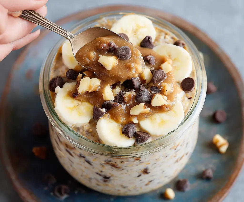 Delicious Chunky Monkey Overnight Oats with bananas, walnuts, and chocolate chips in a glass jar.
