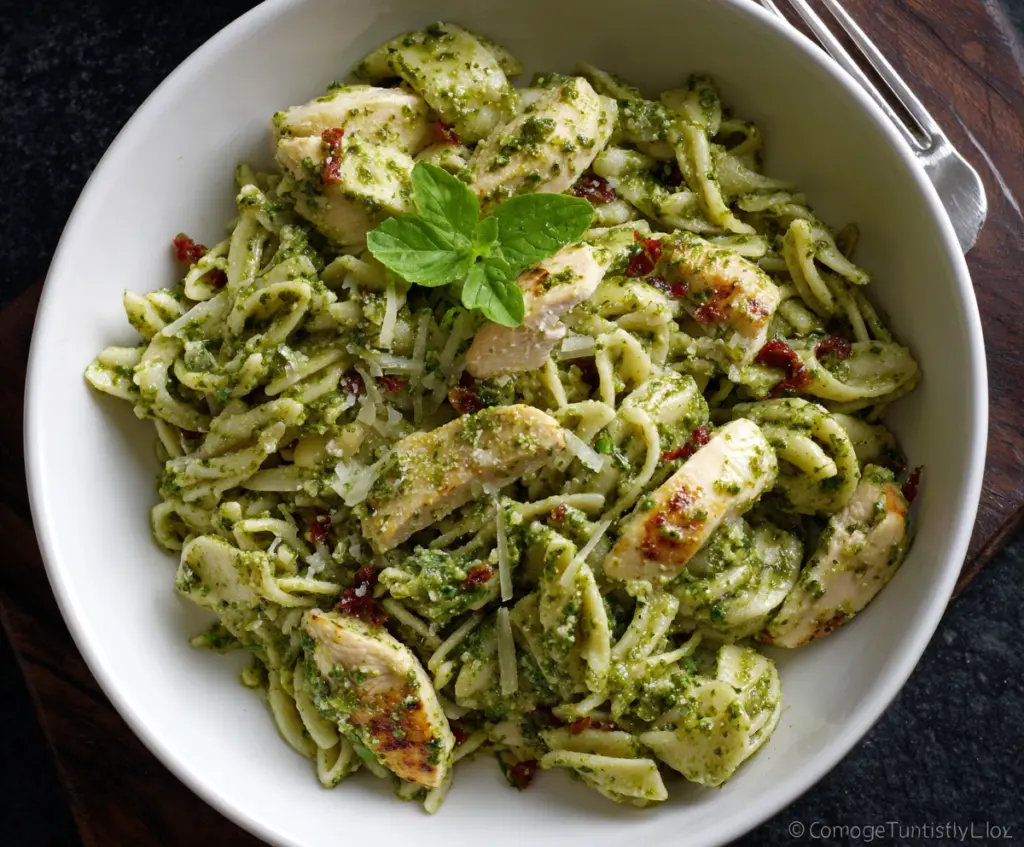 Delicious cilantro chicken and pesto pasta dish garnished with fresh herbs.