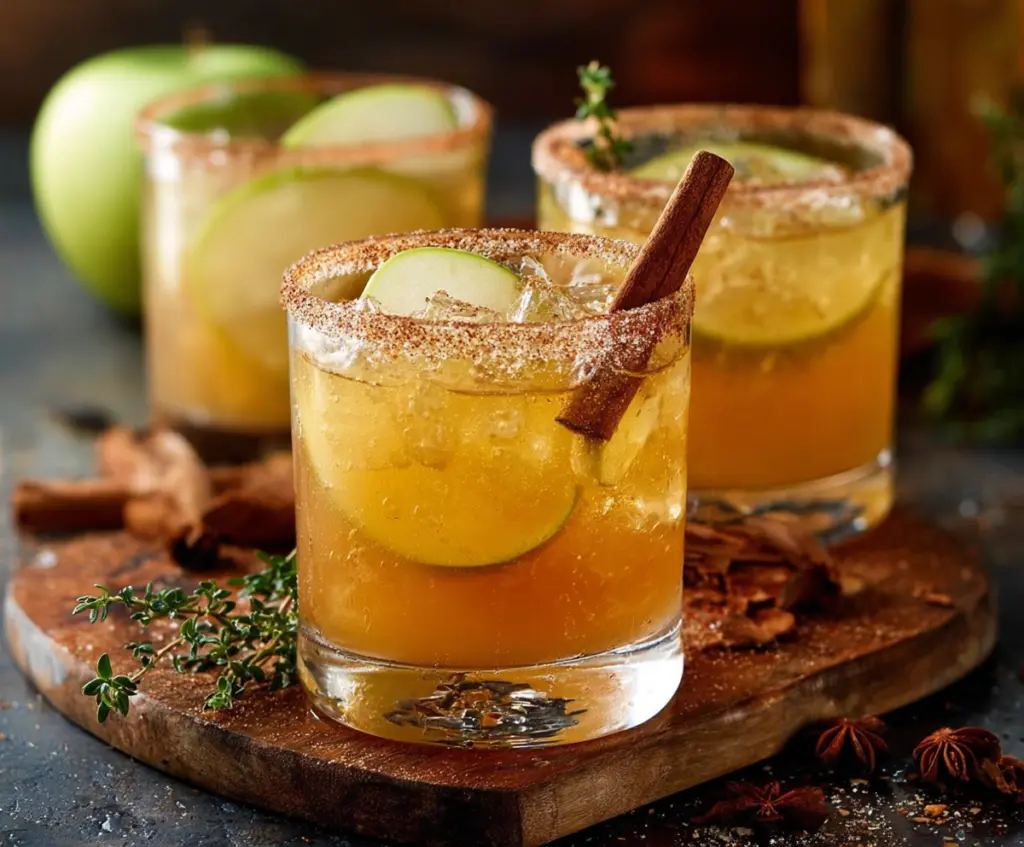Refreshing Cinnamon Apple Cider Margarita in a tall glass garnished with apple slices and cinnamon stick
