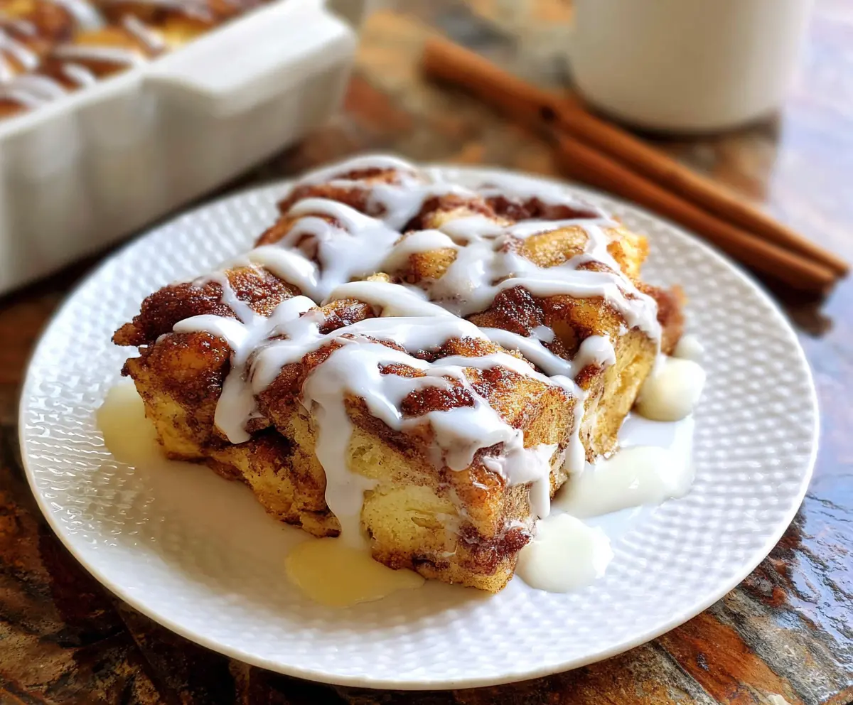 Delicious Cinnamon Roll French Toast Casserole topped with icing, served for breakfast or brunch.