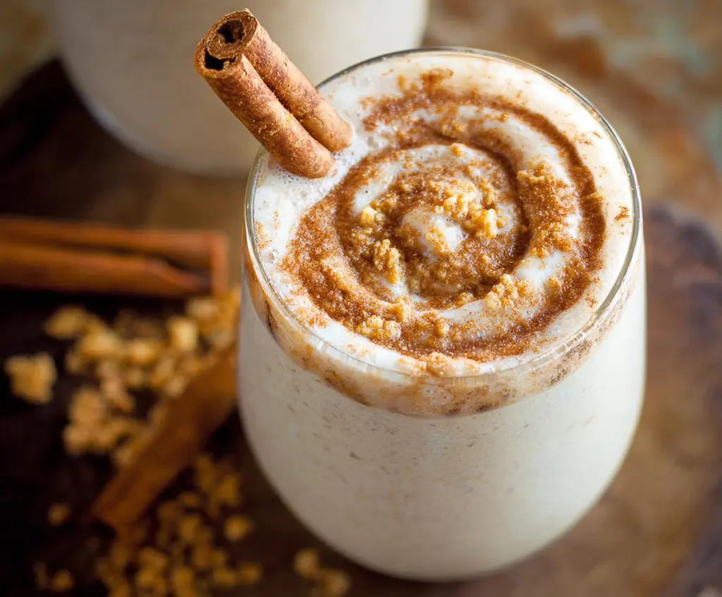 Creamy cinnamon roll protein shake in a glass with cinnamon topping, perfect for a healthy breakfast or post-workout drink.