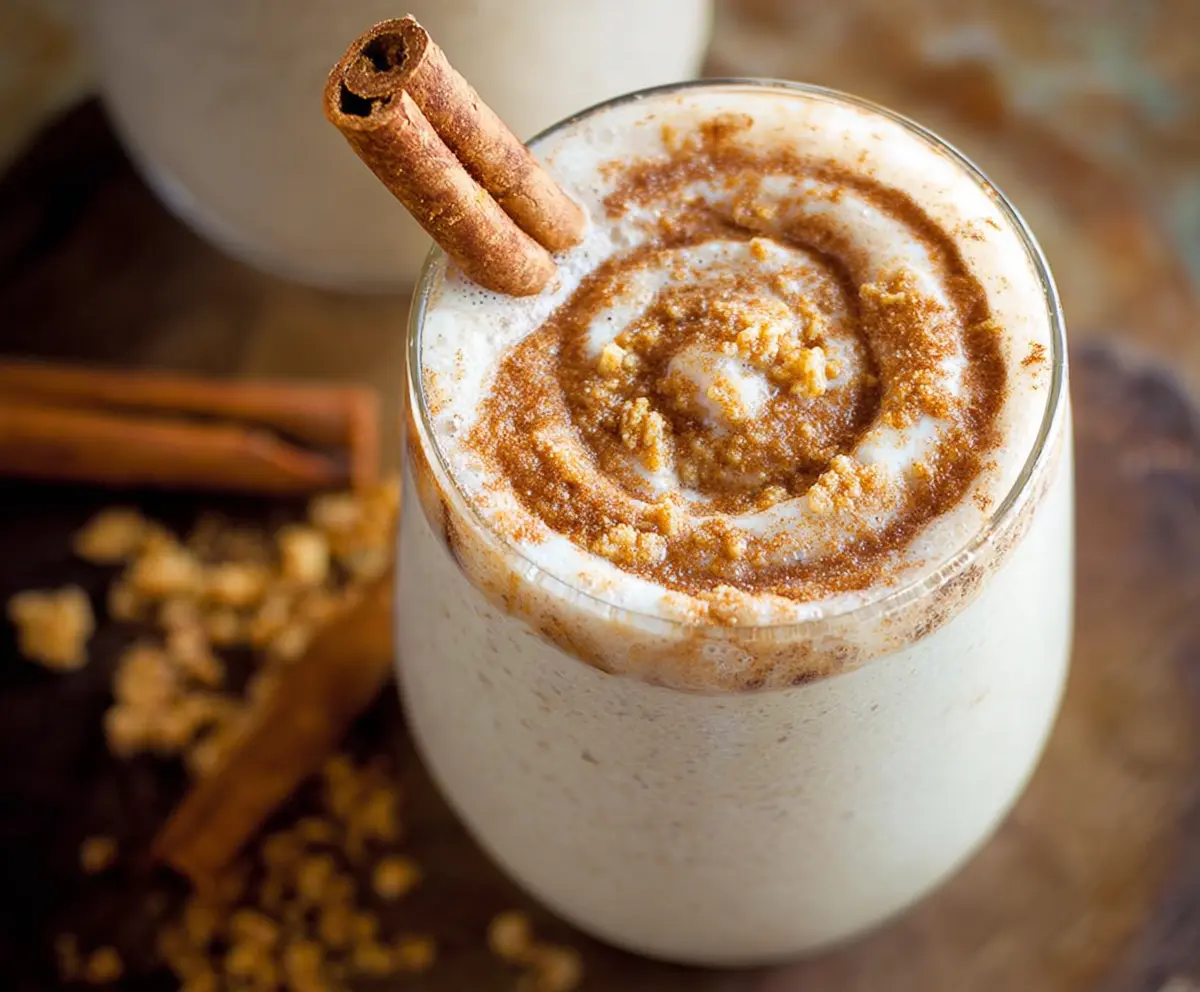 Creamy cinnamon roll protein shake in a glass with cinnamon topping, perfect for a healthy breakfast or post-workout drink.
