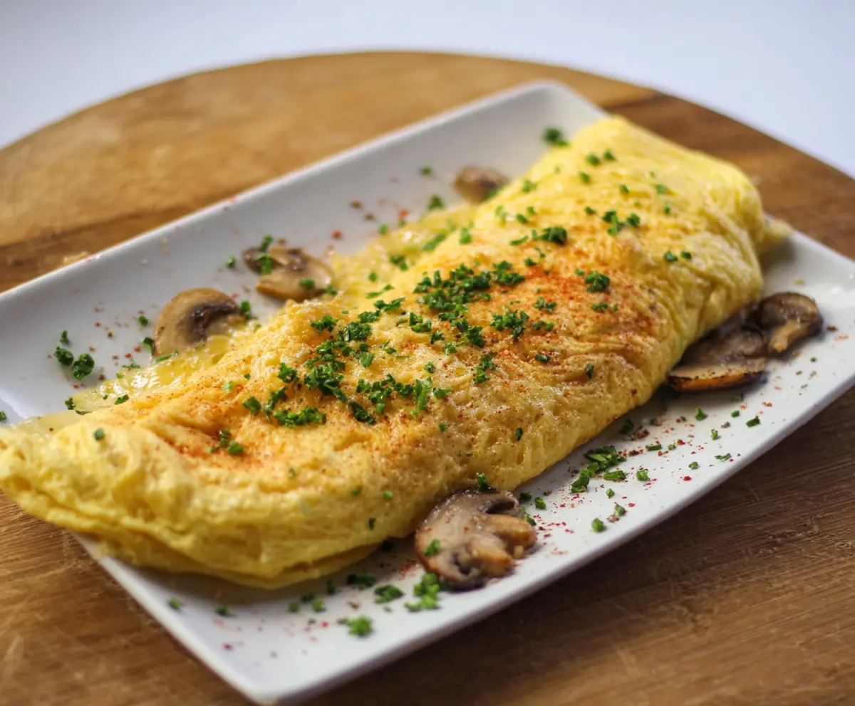 Delicious classic omelet filled with fluffy eggs and melted cheese, served on a white plate.