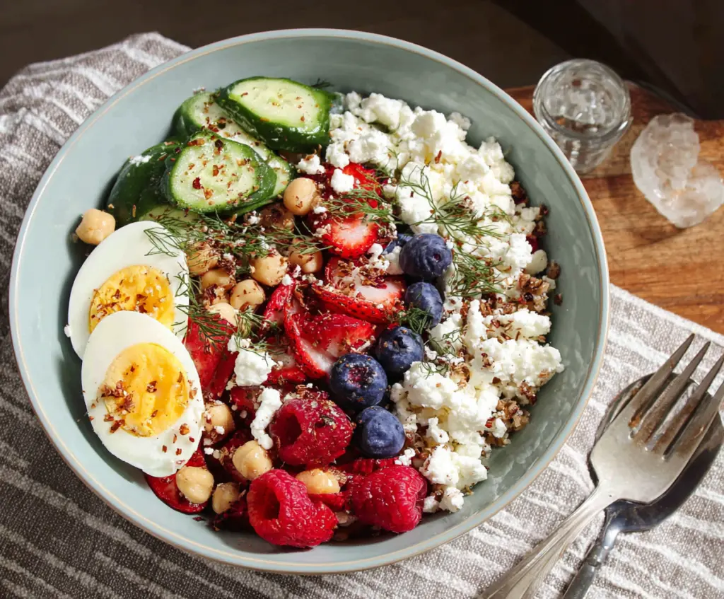 Healthy Cottage Cheese Protein Bowl topped with fresh berries and nuts for a nutritious breakfast.