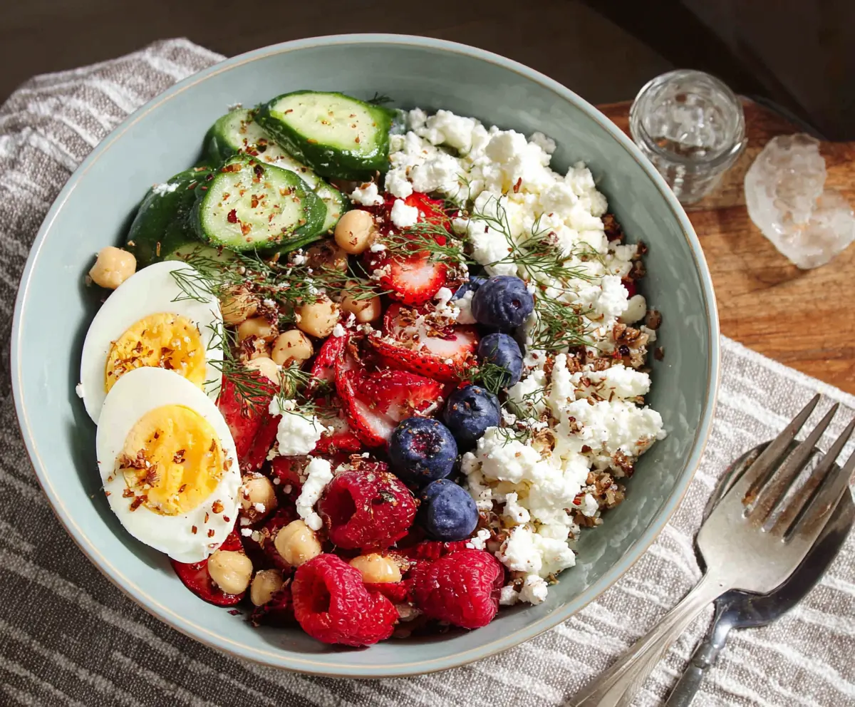 Healthy Cottage Cheese Protein Bowl topped with fresh berries and nuts for a nutritious breakfast.