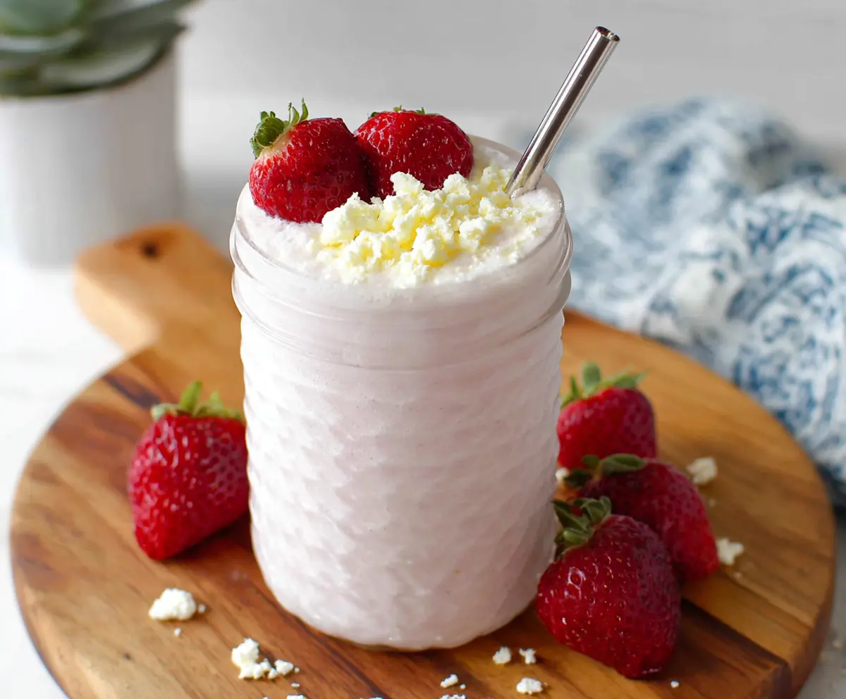 Nutritious cottage cheese protein shake in a glass, garnished with fresh fruit for a healthy breakfast.