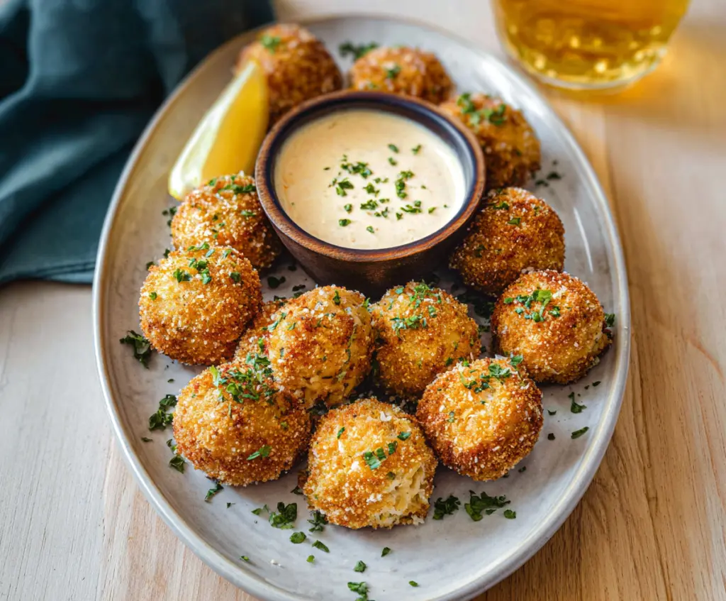 Delicious crab cake bites served with lemon wedges and fresh herbs, perfect appetizer for parties.