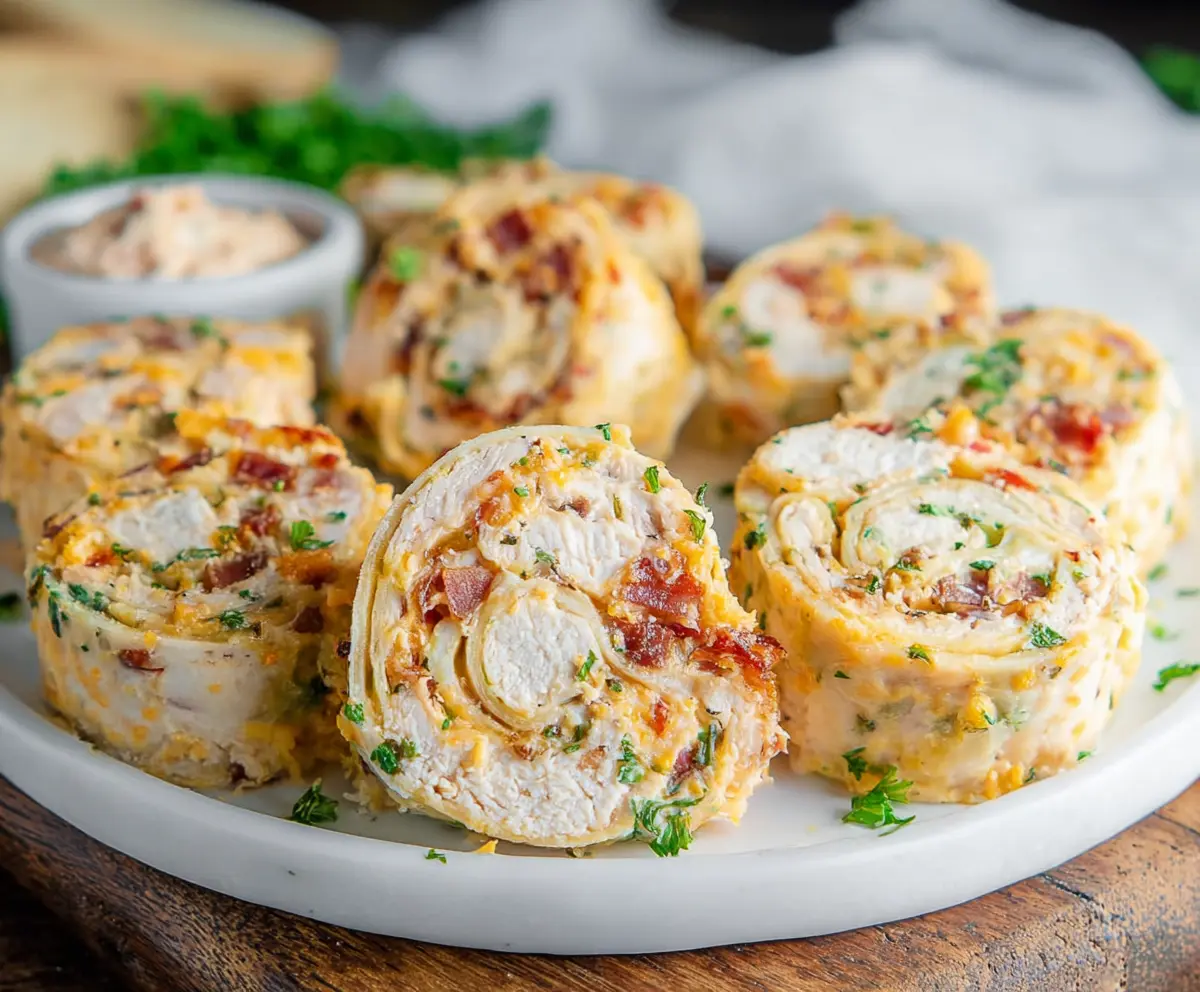Delicious Crack Chicken Pinwheels filled with cheesy chicken mixture and crispy bacon, perfect for appetizers.