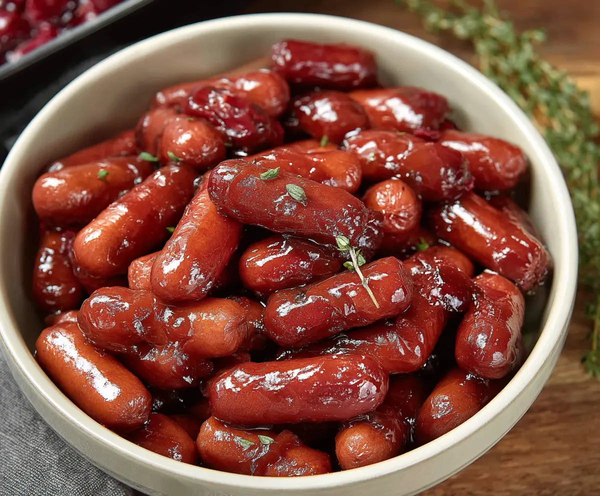 Cranberry BBQ Little Smokies appetizer on a platter, garnished with fresh herbs