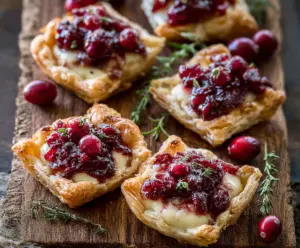 Delicious Cranberry Brie Tartlets featuring fresh cranberries, melted brie cheese, and flaky pastry for festive occasions.