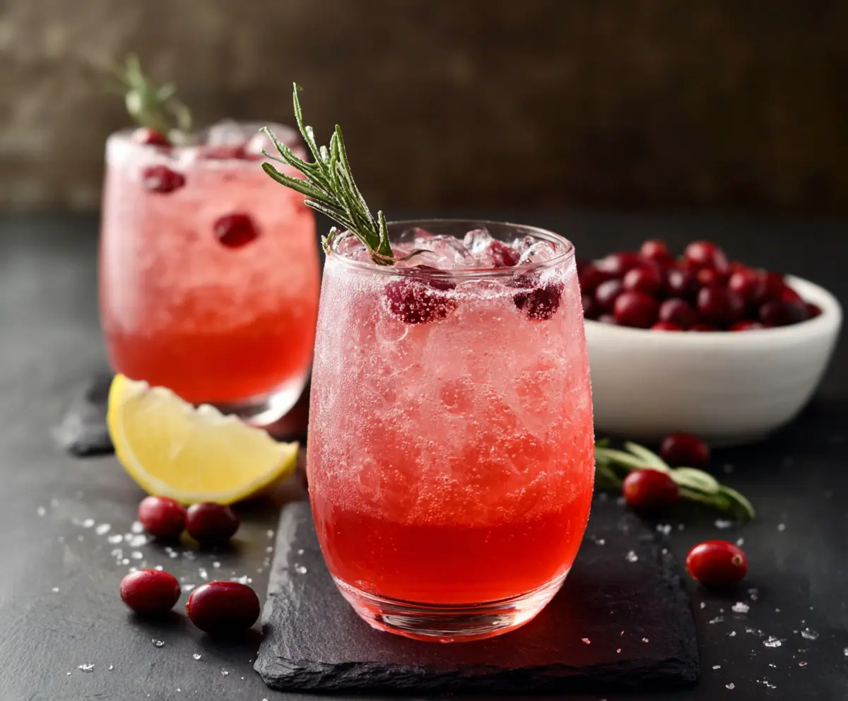 Refreshing Cranberry Gin Fizz cocktail garnished with fresh cranberries and lime wedge.