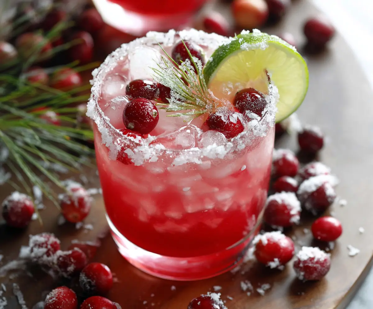 Refreshing cranberry margarita cocktail garnished with fresh cranberries and lime wedge.