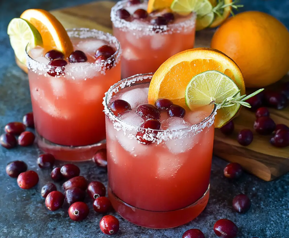 Refreshing Cranberry Orange Margarita in a cocktail glass with fresh cranberries and orange slice