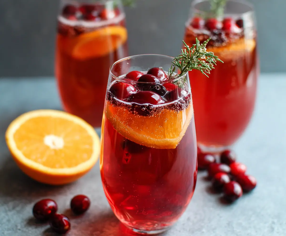 Refreshing Cranberry Orange Prosecco Cocktail in a elegant glass garnished with fresh cranberries and orange slices.