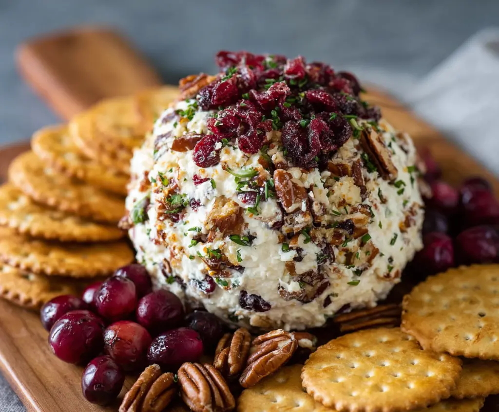 Cranberry Pecan Cheese Ball with cranberries, pecans, and herbs on a decorative platter