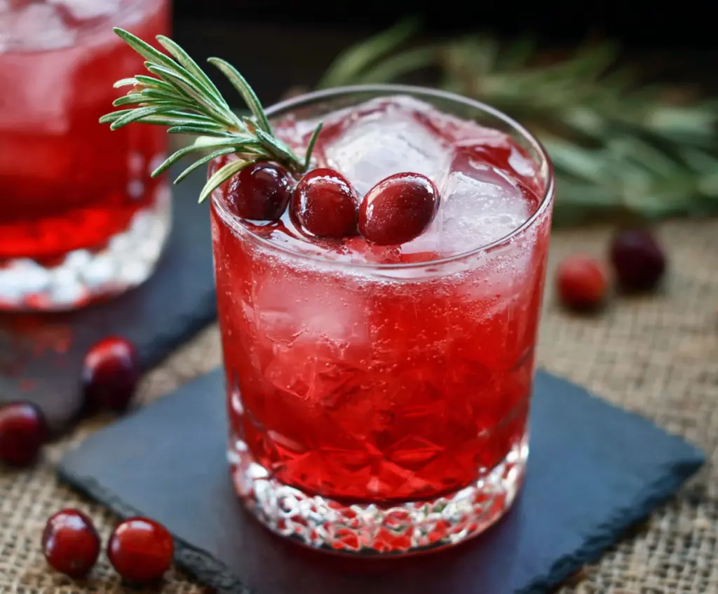 Refreshing Cranberry Rosemary Vodka Cocktail in a glass with fresh cranberries and rosemary garnish