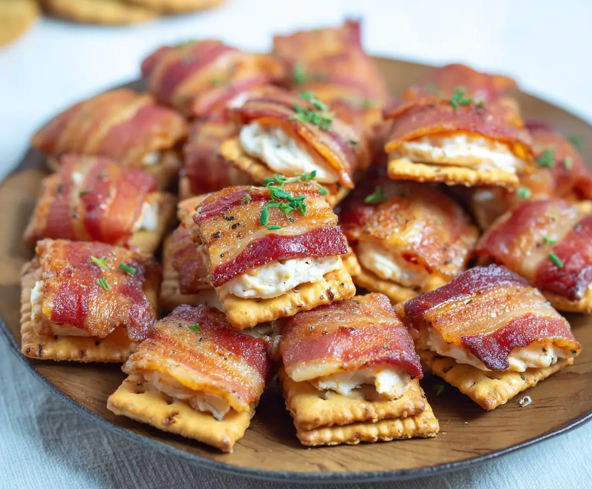 Cream Cheese Bacon Crackers on a plate, crispy snacks topped with creamy cheese and bacon bits