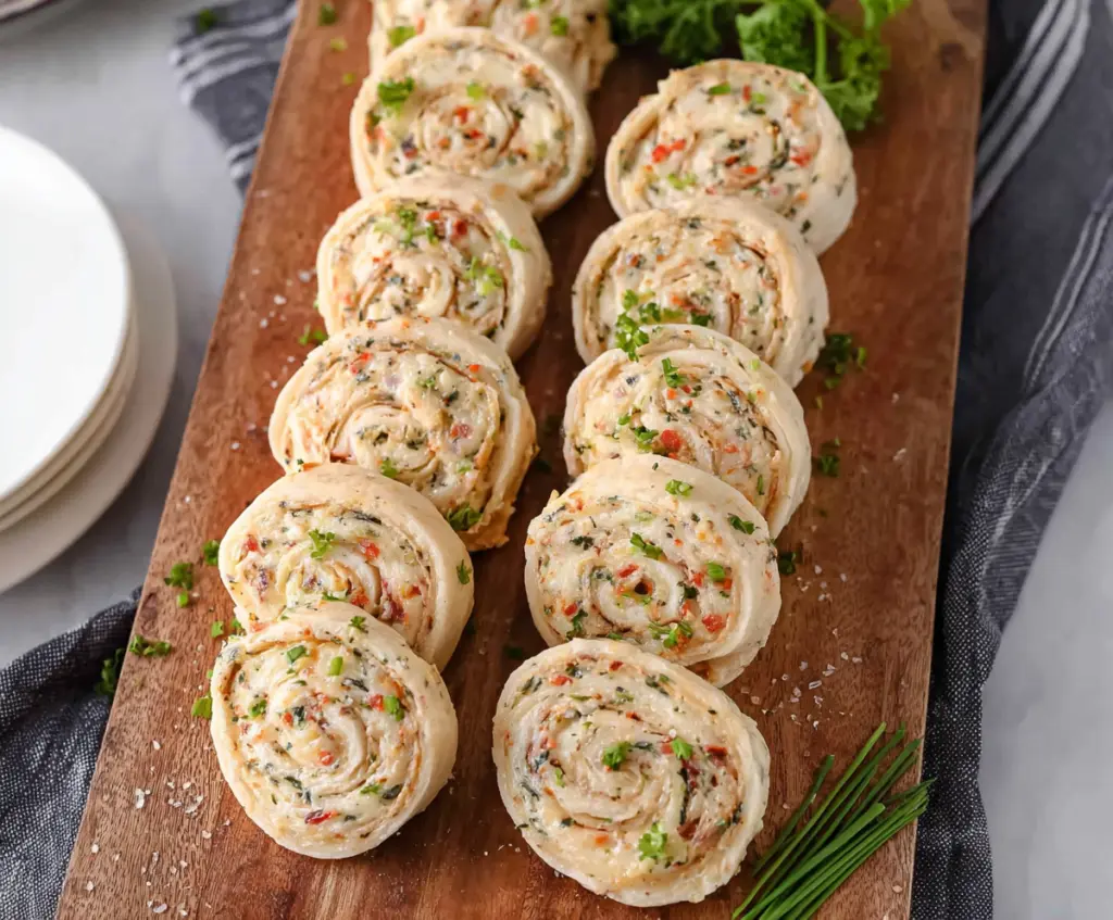 Delicious cream cheese pinwheels with flaky pastry and savory filling on a wooden serving platter.