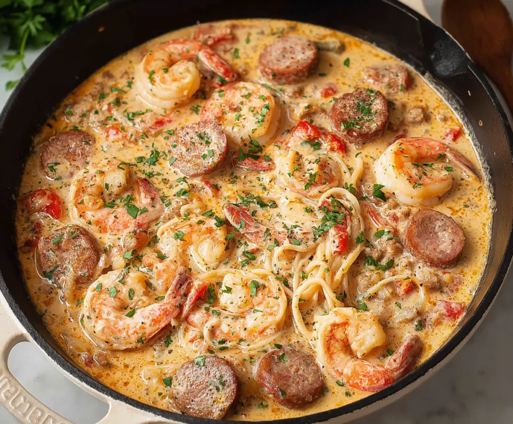 Delicious creamy Cajun shrimp and sausage served on a plate, garnished with herbs.