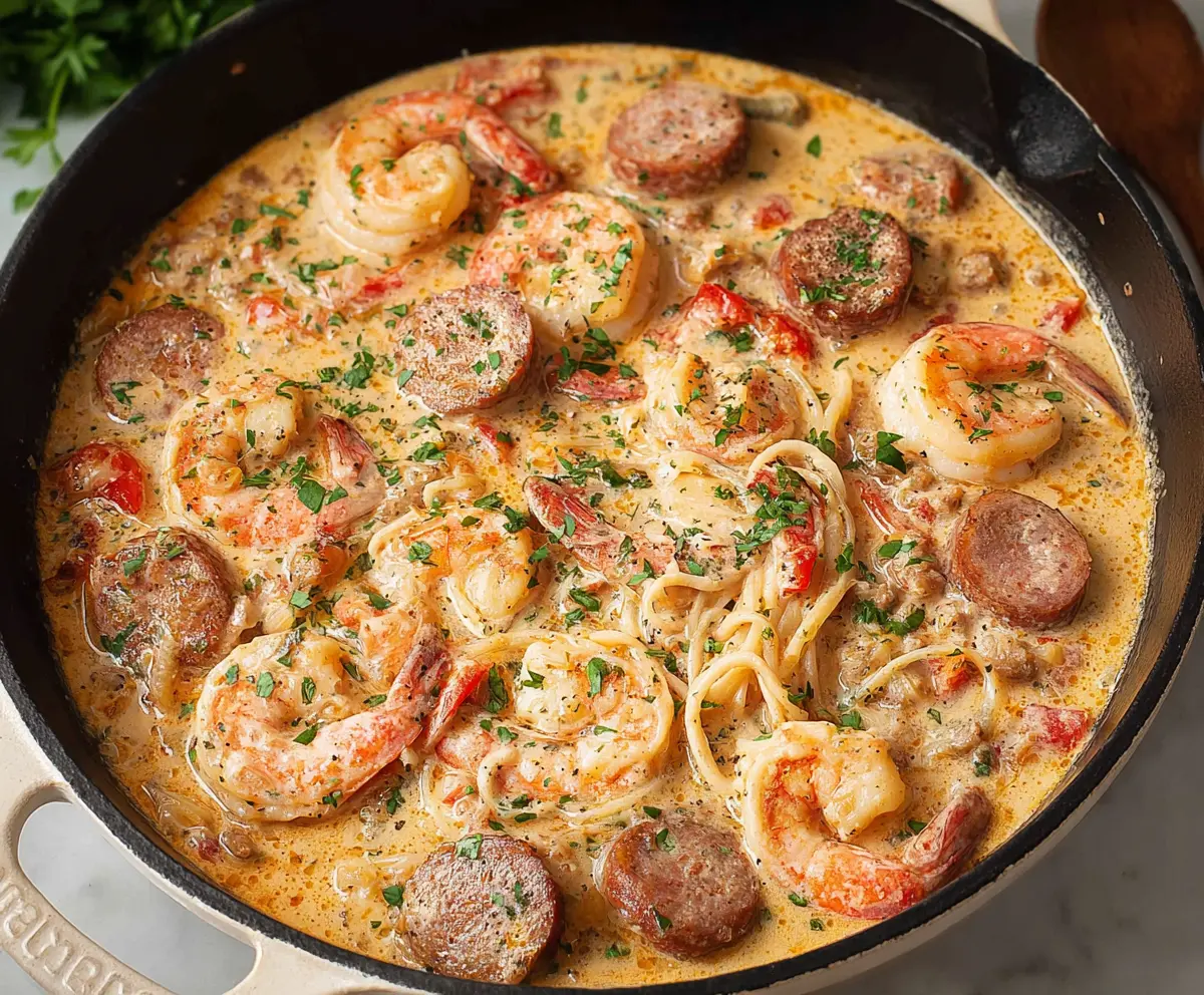 Delicious creamy Cajun shrimp and sausage served on a plate, garnished with herbs.