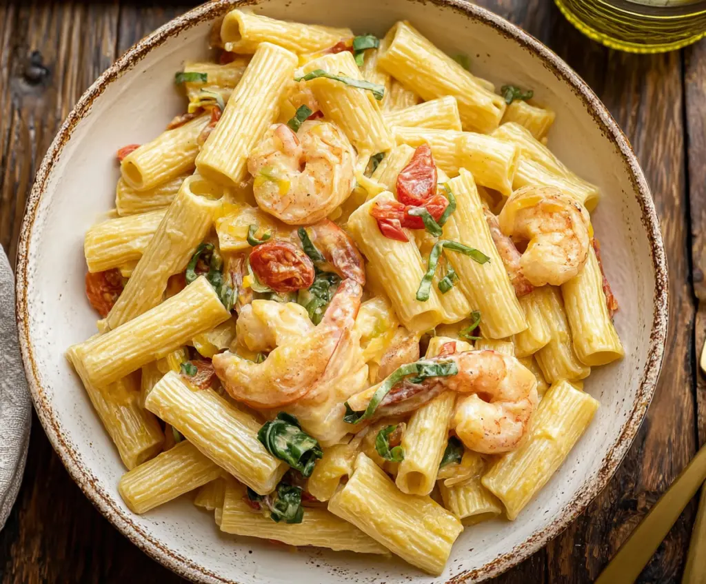Creamy Jamaican Shrimp Rasta Pasta served on a plate with vibrant vegetables and herbs.
