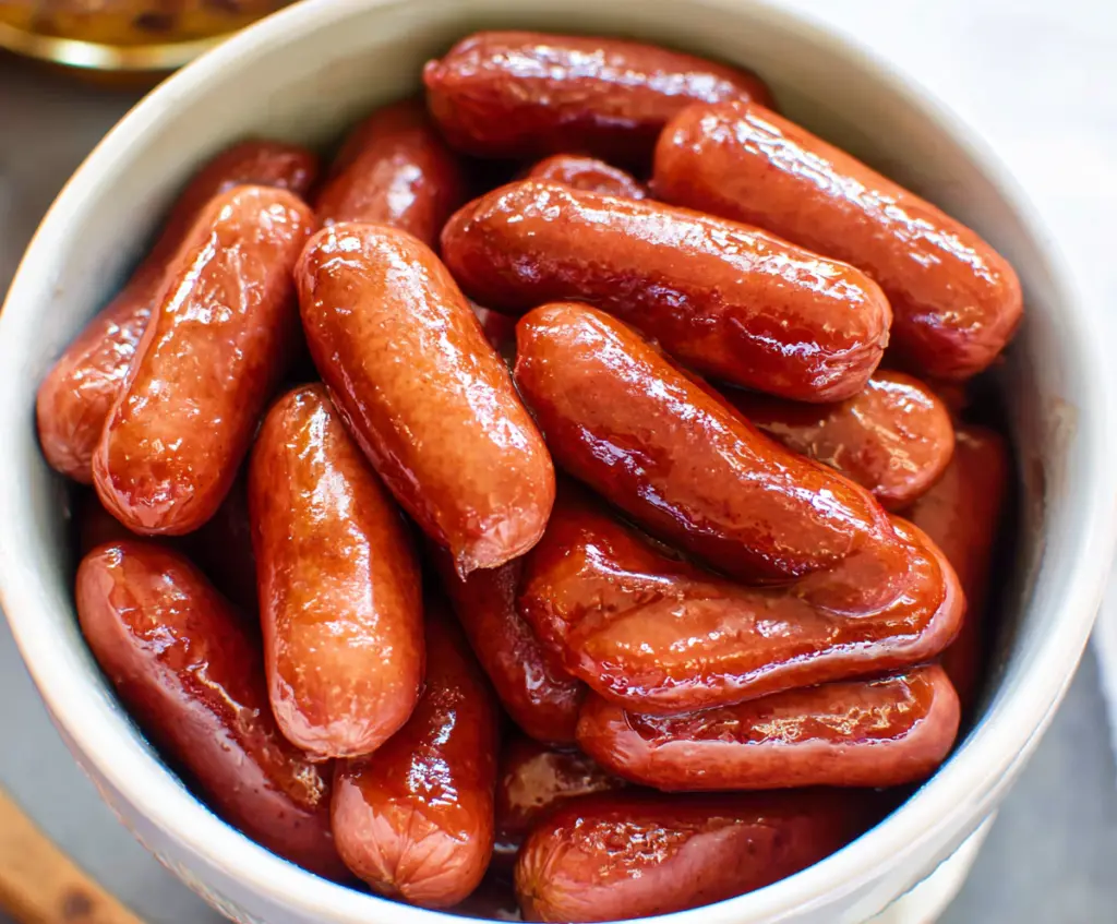 Delicious Crockpot Little Smokies appetizer with smoky sausages in a slow cooker