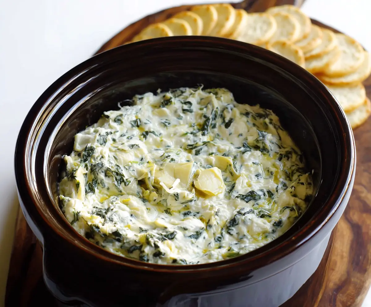 Creamy crockpot spinach artichoke dip served in a bowl with fresh bread on a wooden table.