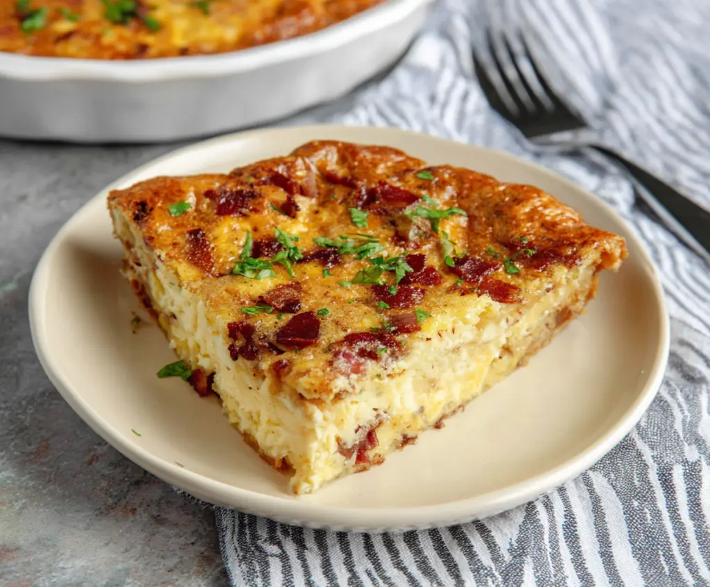 Delicious crustless bacon and cheese quiche served on a white plate with fresh herbs.