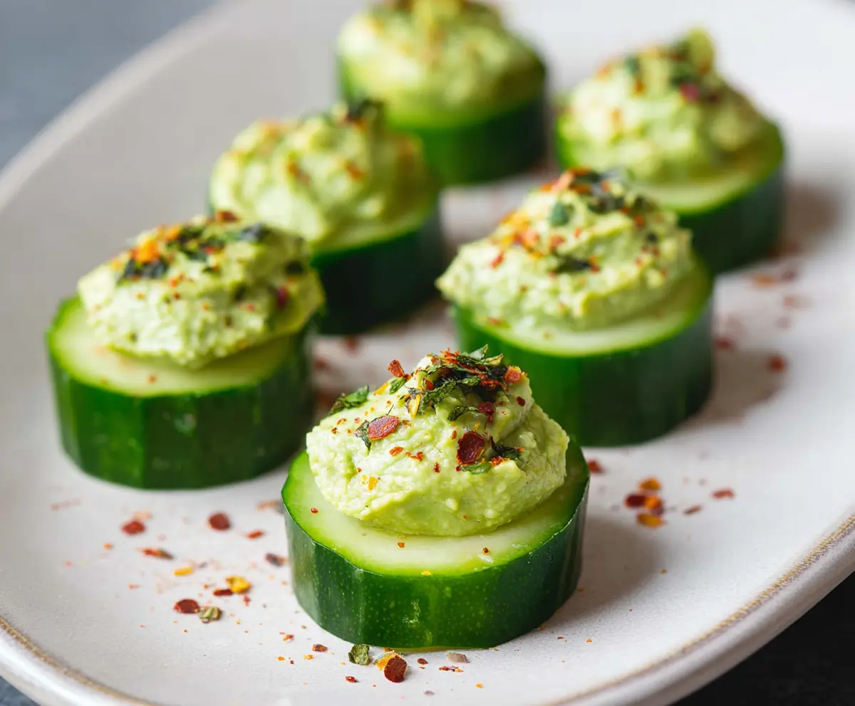 Fresh cucumber slices topped with creamy avocado and herbs, perfect for Keto and paleo diets.