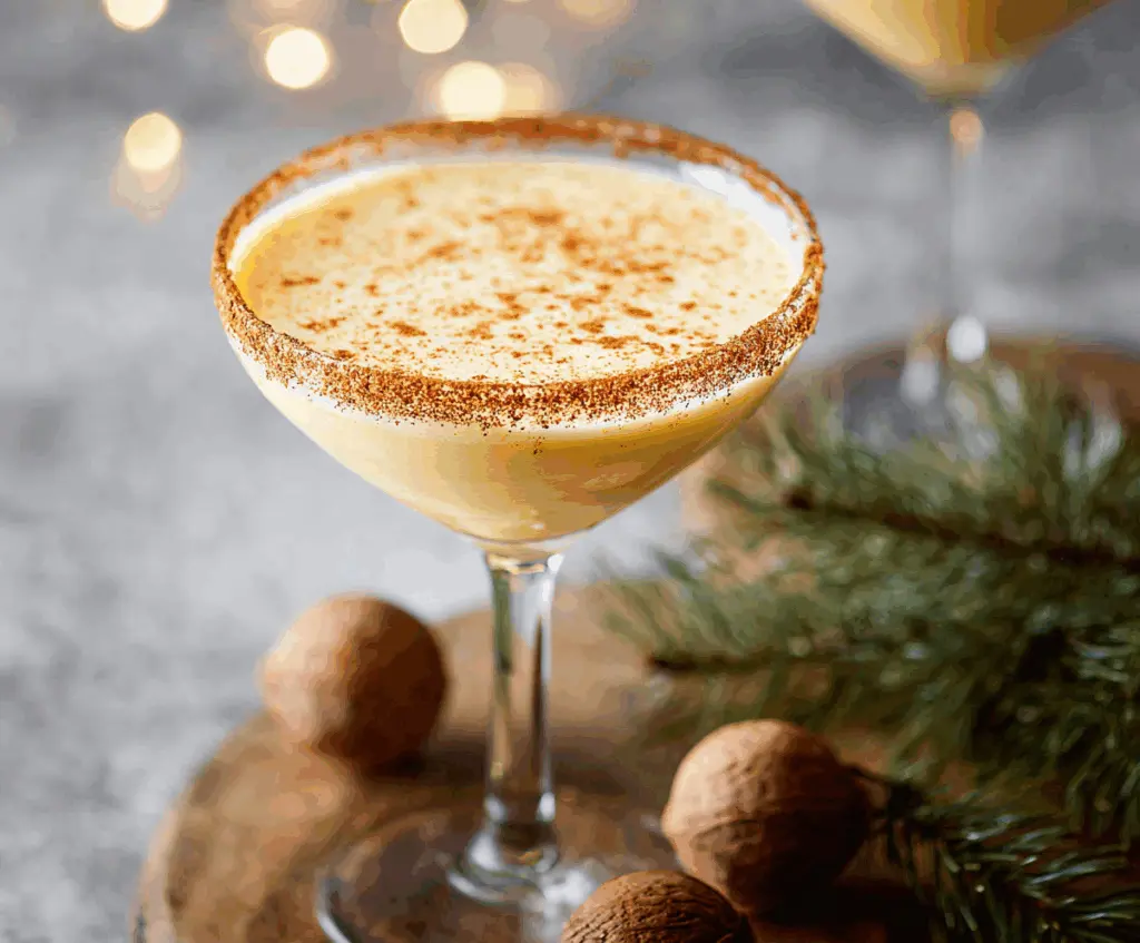 Creamy Eggnog Martini in a elegant glass with nutmeg topping for holiday celebration.
