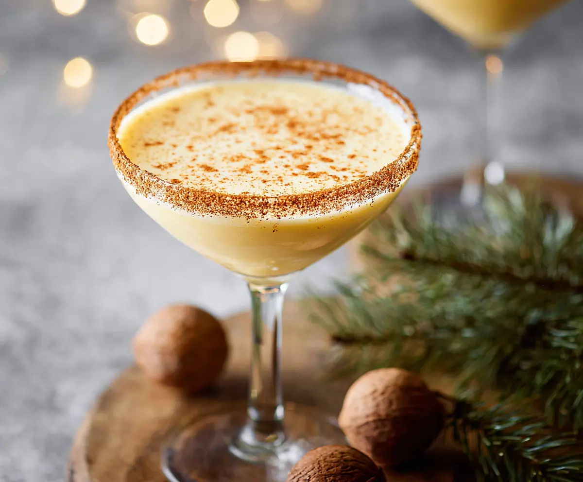 Creamy Eggnog Martini in a elegant glass with nutmeg topping for holiday celebration.