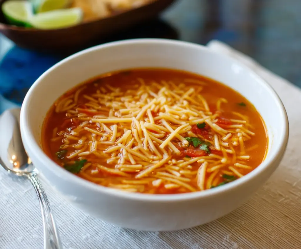 Delicious Fideo Pasta Soup with vegetables and herbs, served in a bowl